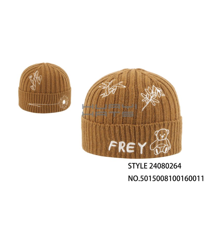 Tan Embroidered Knitted Beanie