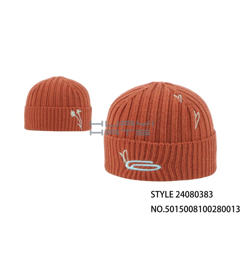 Light Orange Embroidered Knitted Beanie Wholesale