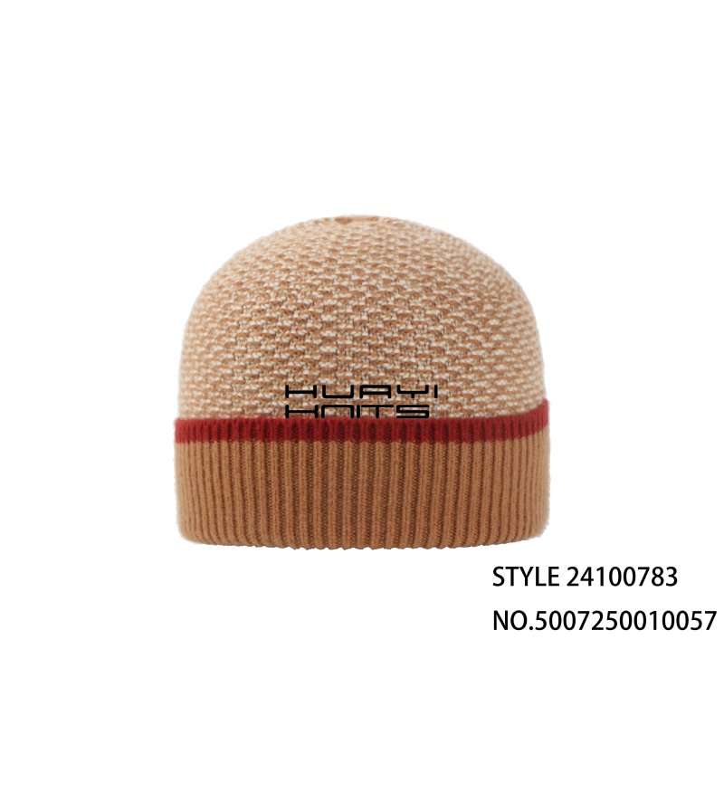 Beige And Red Knitted Beanie Hat