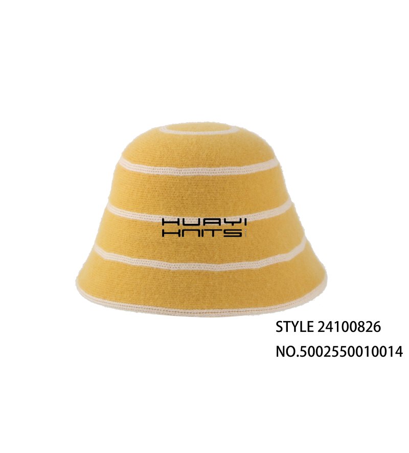 Wool Knitted Bucket Hat With Yellow And White Stripes