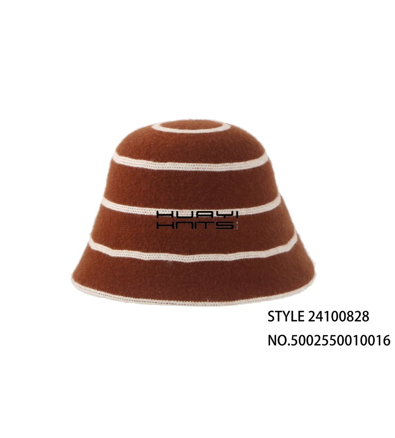 Wool Knitted Bucket Hat With Brown And White Stripes