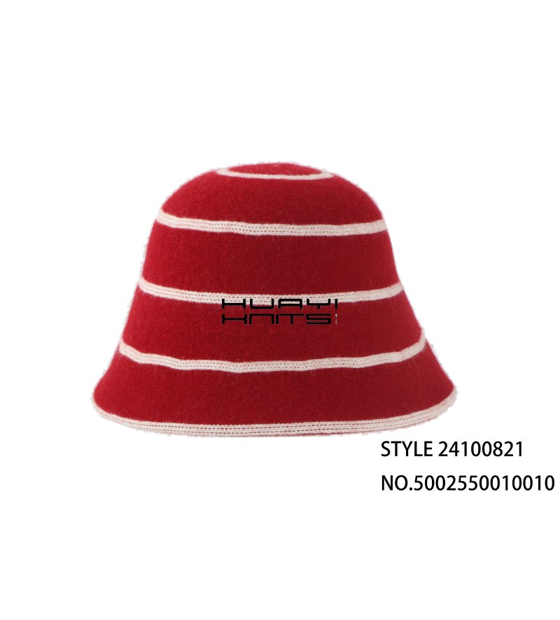 Wool Knitted Bucket Hat With Red And White Stripes