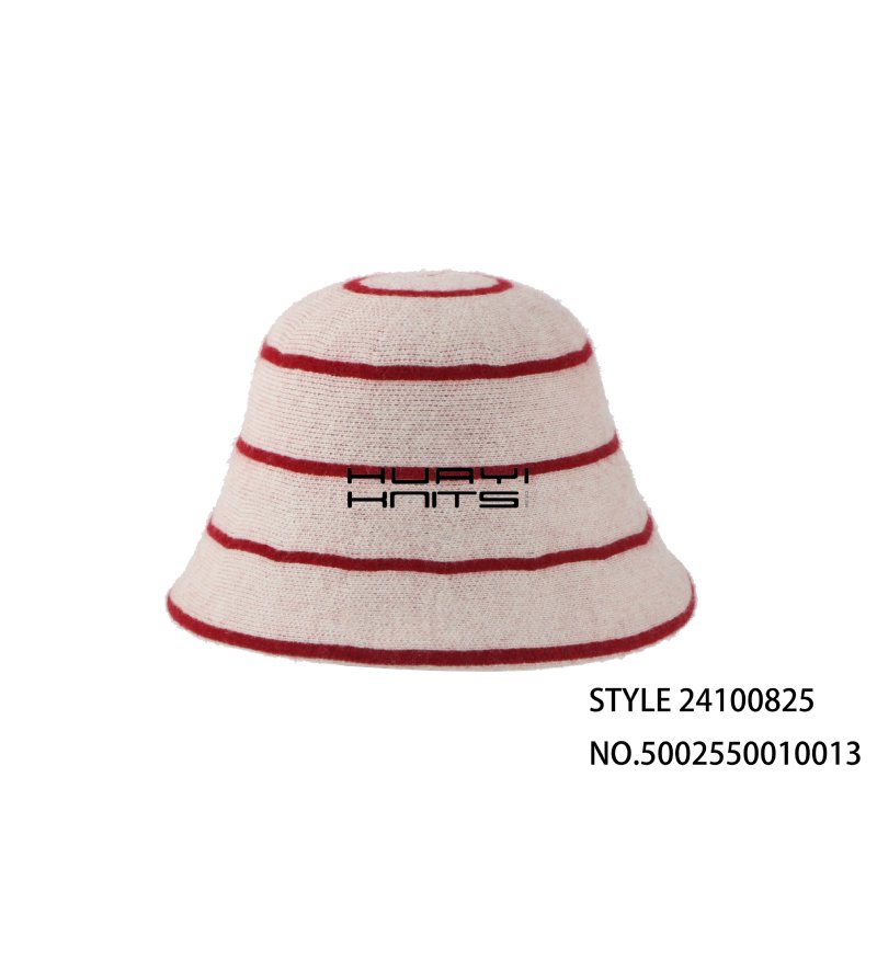 Wool Knitted Bucket Hat With Beige And red Stripes